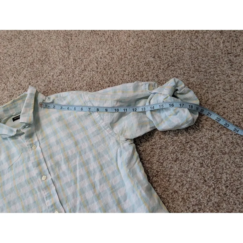 Banana Republic Plaid Shirt Mens Large Blue Yellow Linen Cotton Button Down Long